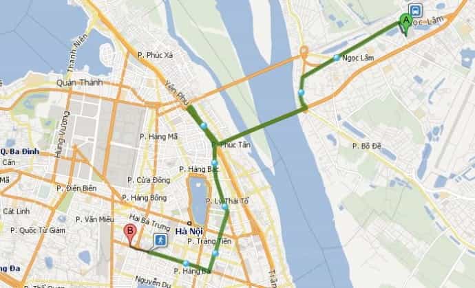 Bản đồ đi ô tô, xe máy từ Bến xe Gia Lâm đến BV Ti